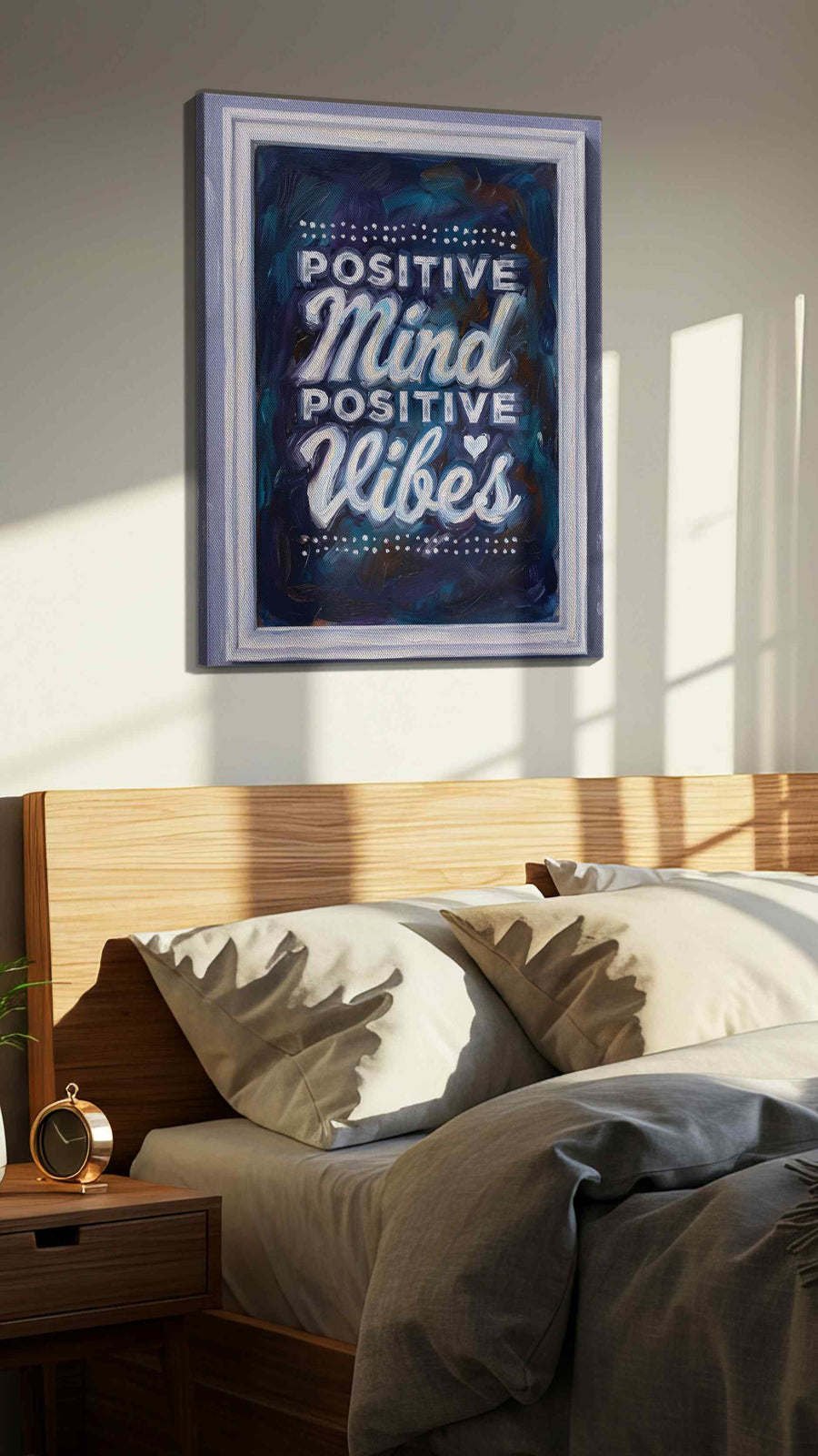 Echoes of Positivity typography canvas print, displayed in a bedroom
