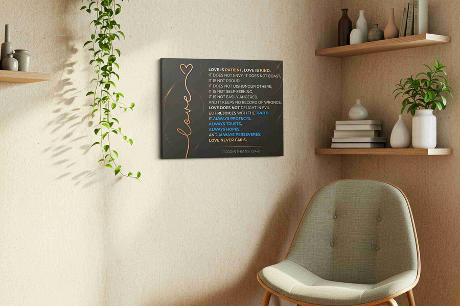 Enduring Love A Scriptural Canvas motivational canvas print, hanging on wall