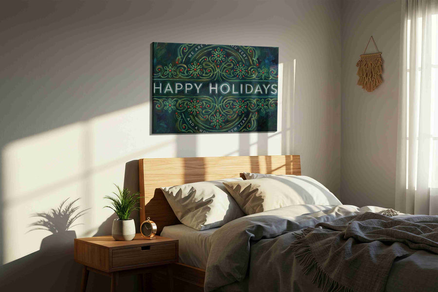 Festive Floral Symphony typography canvas print, displayed in a bedroom