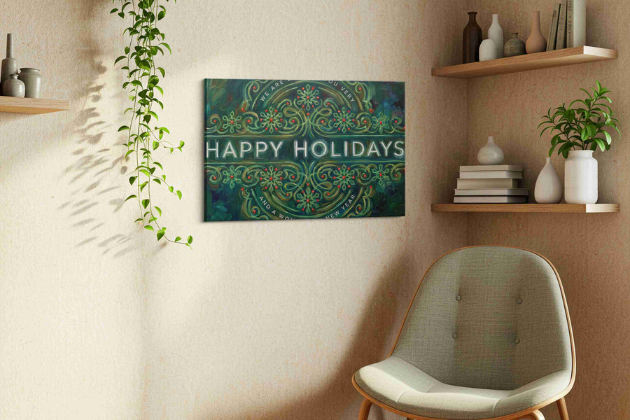 Festive Floral Symphony typography canvas print styled in a living room