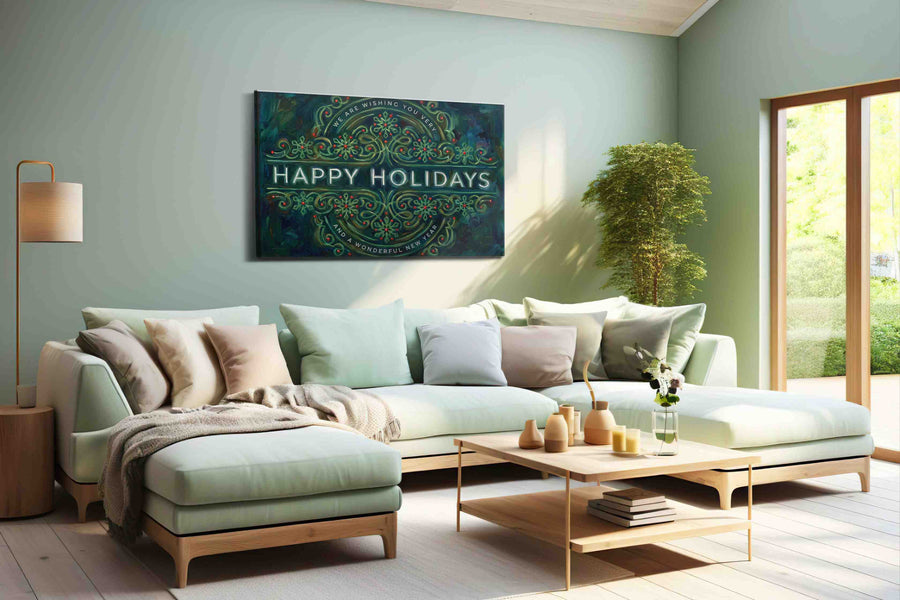 Festive Floral Symphony typography canvas print, hanging on wall
