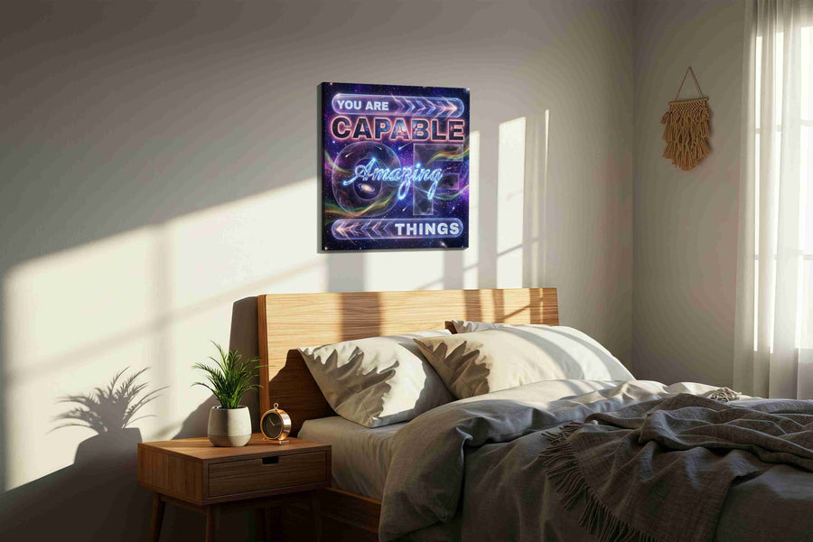 Galactic Affirmations motivational canvas print, displayed in a bedroom