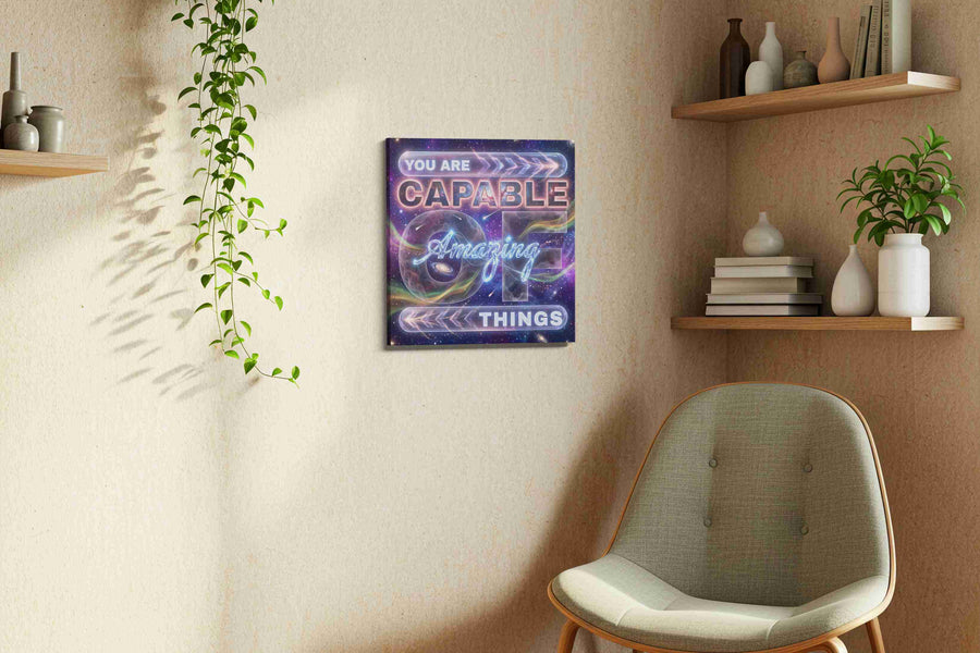 Galactic Affirmations motivational canvas print, displayed in a living room