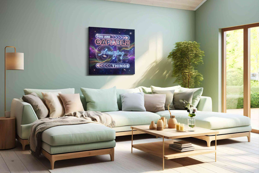 Galactic Affirmations motivational canvas print, hanging on wall