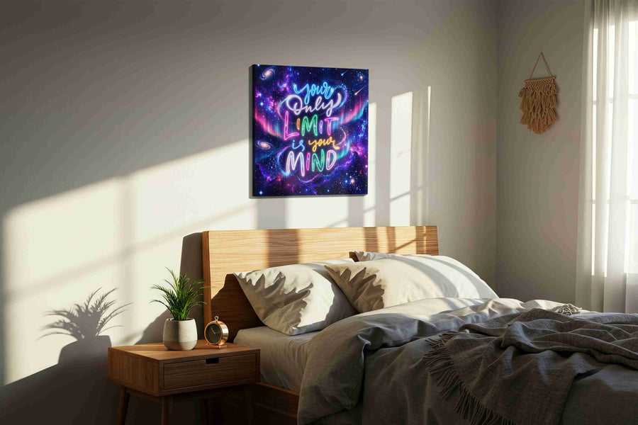 Galactic Inspirations motivational canvas print, displayed in a bedroom