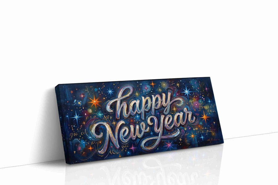 Galactic New Year Celebration typography canvas print, gallery-wrapped, ready to hang
