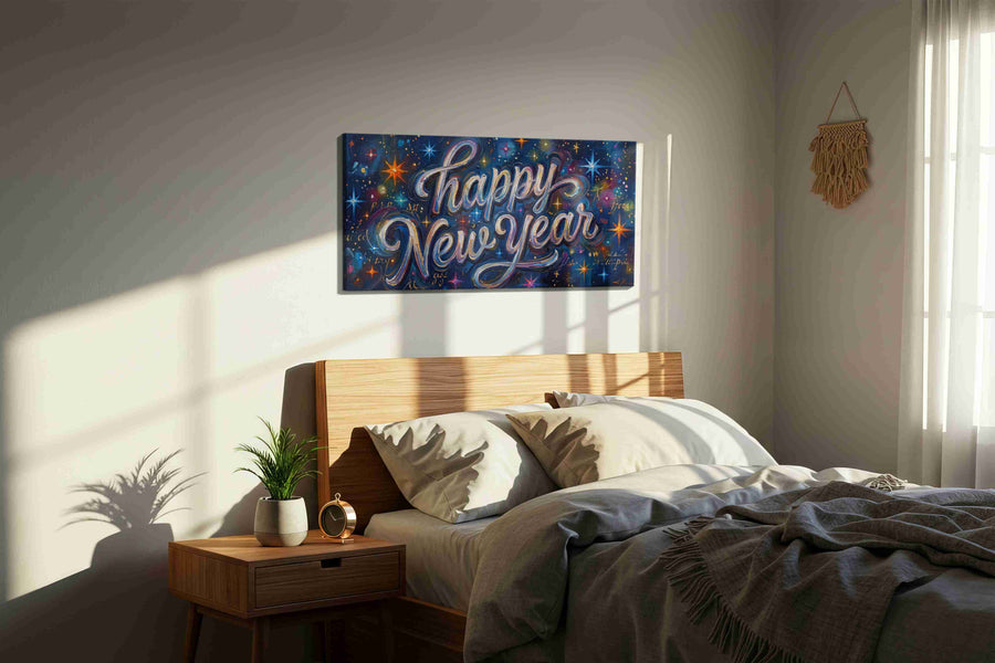 Galactic New Year Celebration typography canvas print, displayed in a bedroom
