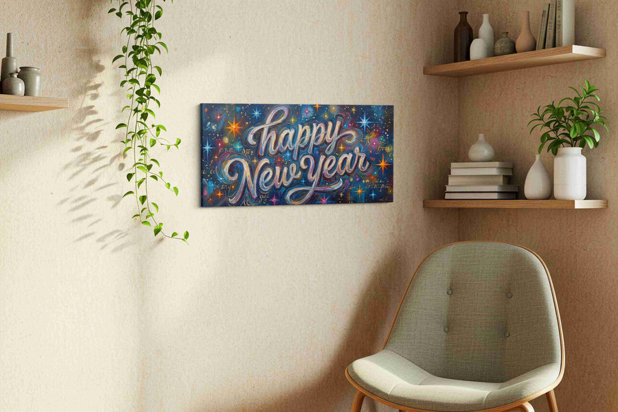 Galactic New Year Celebration typography canvas print, hanging on wall — view 3