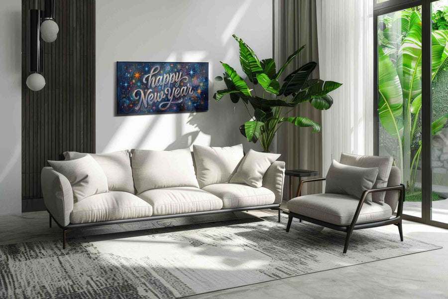 Galactic New Year Celebration typography canvas print in a hung canvas mockup