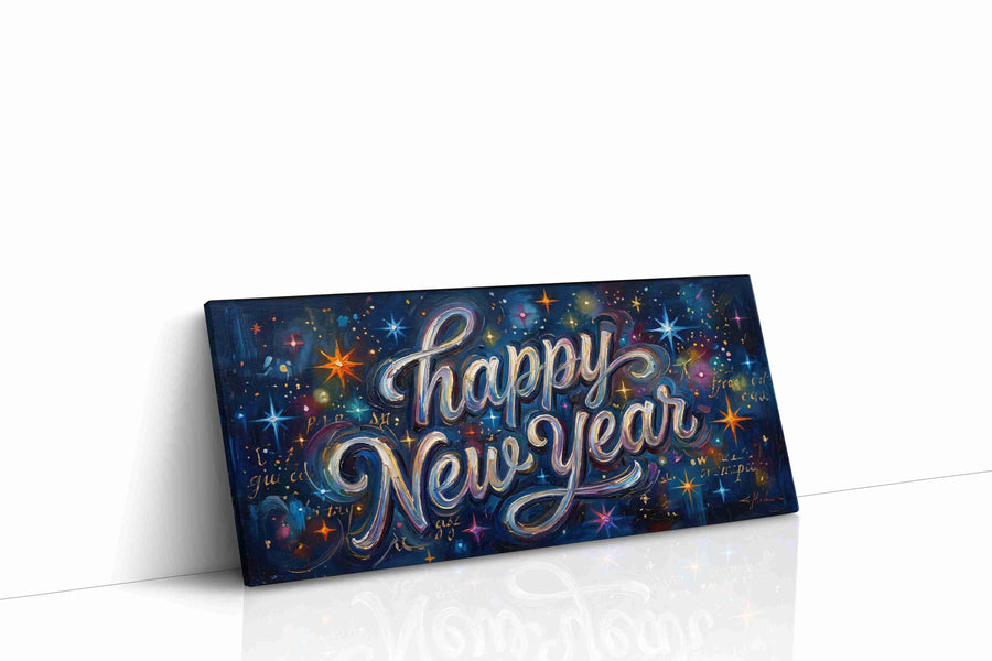 Galactic New Year Celebration typography canvas print gallery-wrapped landscape canvas studio shot