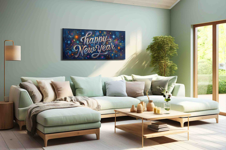 Galactic New Year Celebration typography canvas print, hanging on wall