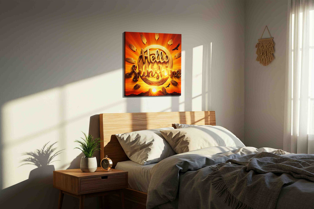 Golden Dawn Radiance motivational canvas print, displayed in a bedroom
