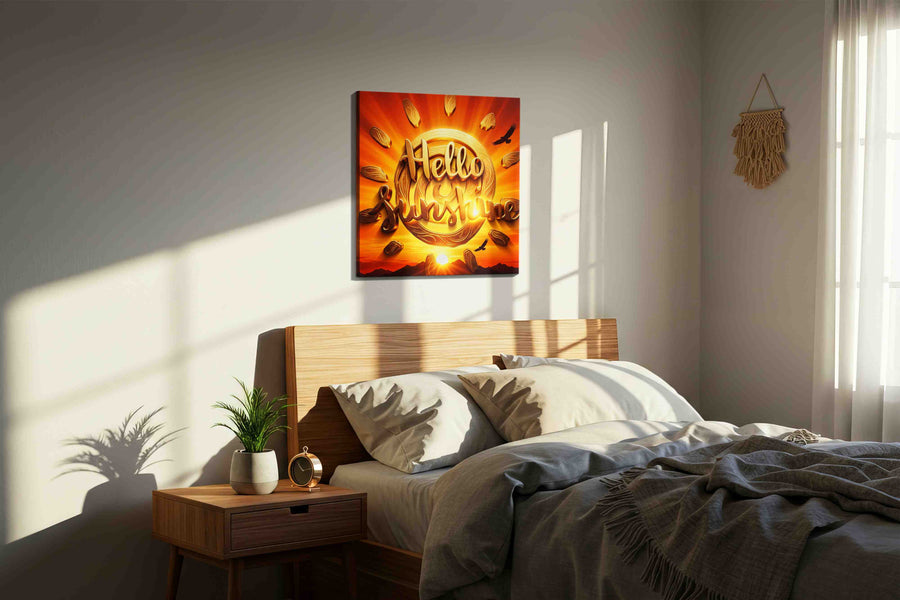 Golden Dawn Radiance motivational canvas print, displayed in a bedroom