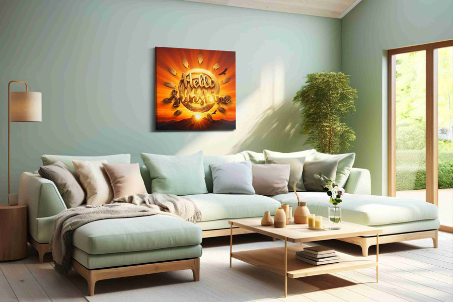 Golden Dawn Radiance motivational canvas print, hanging on wall