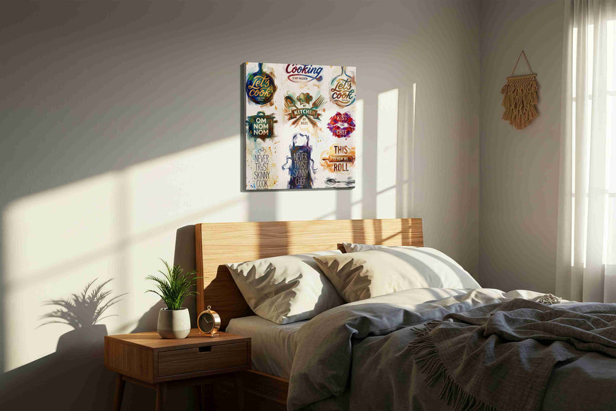 Gourmet Expressions typography canvas print, displayed in a bedroom