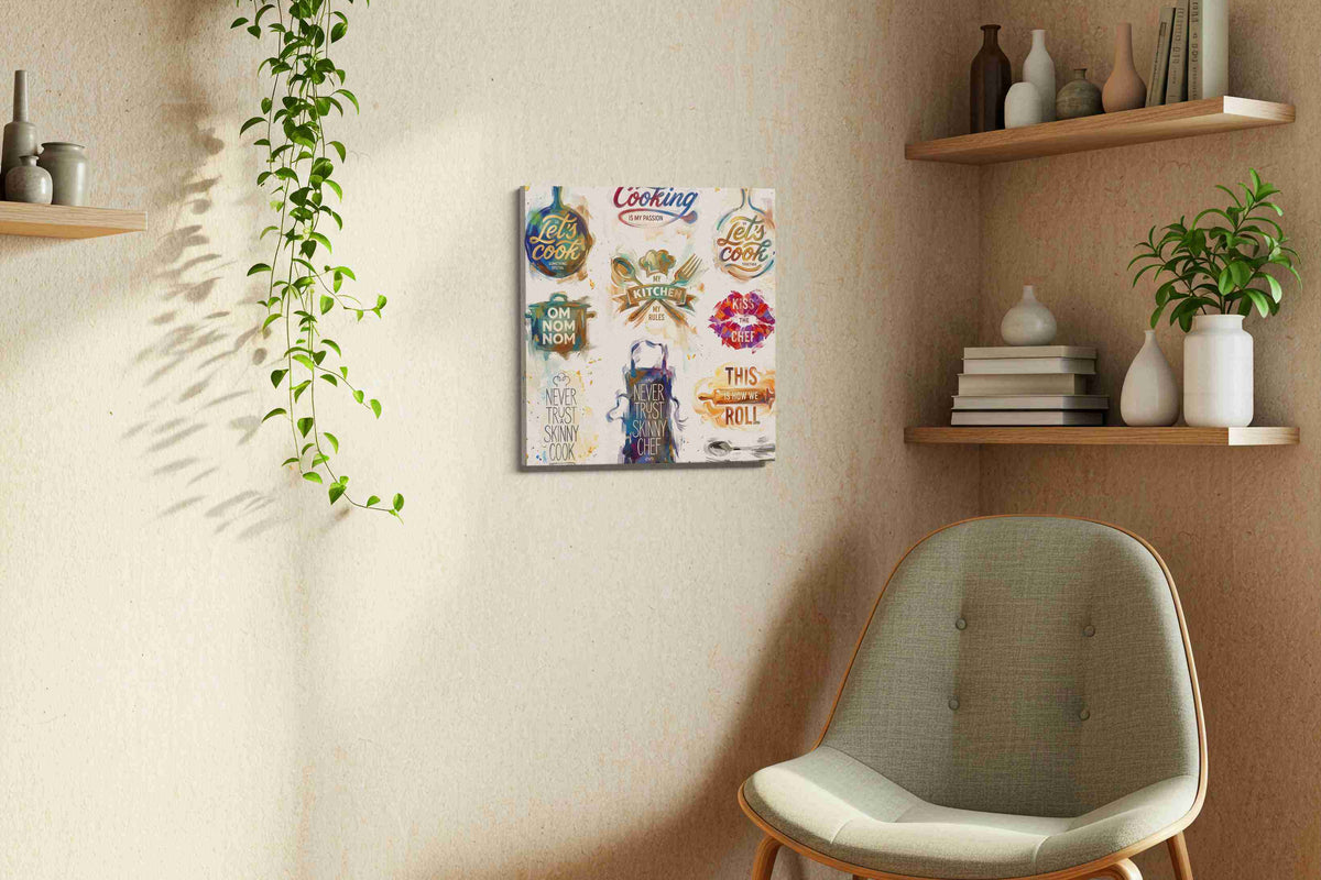 Gourmet Expressions typography canvas print, displayed in a living room