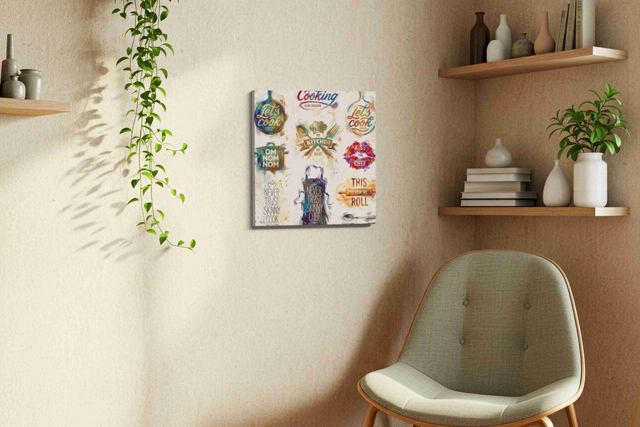 Gourmet Expressions typography canvas print, displayed in a living room