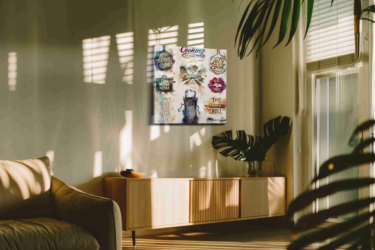 Gourmet Expressions typography canvas print in a contemporary interior mockup