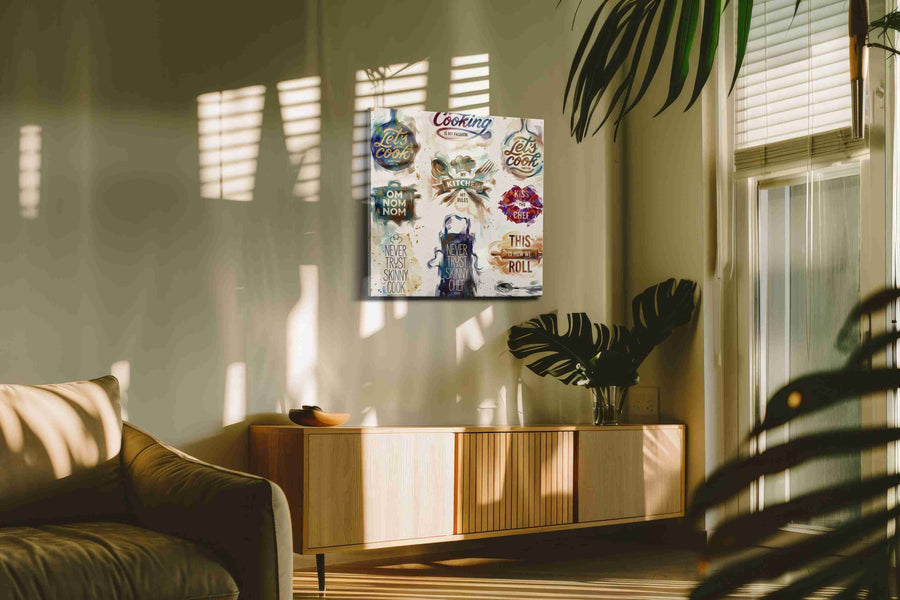 Gourmet Expressions typography canvas print in a contemporary interior mockup