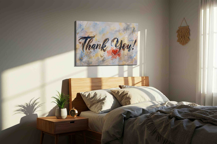 Grateful Heart Symphony typography canvas print, displayed in a bedroom