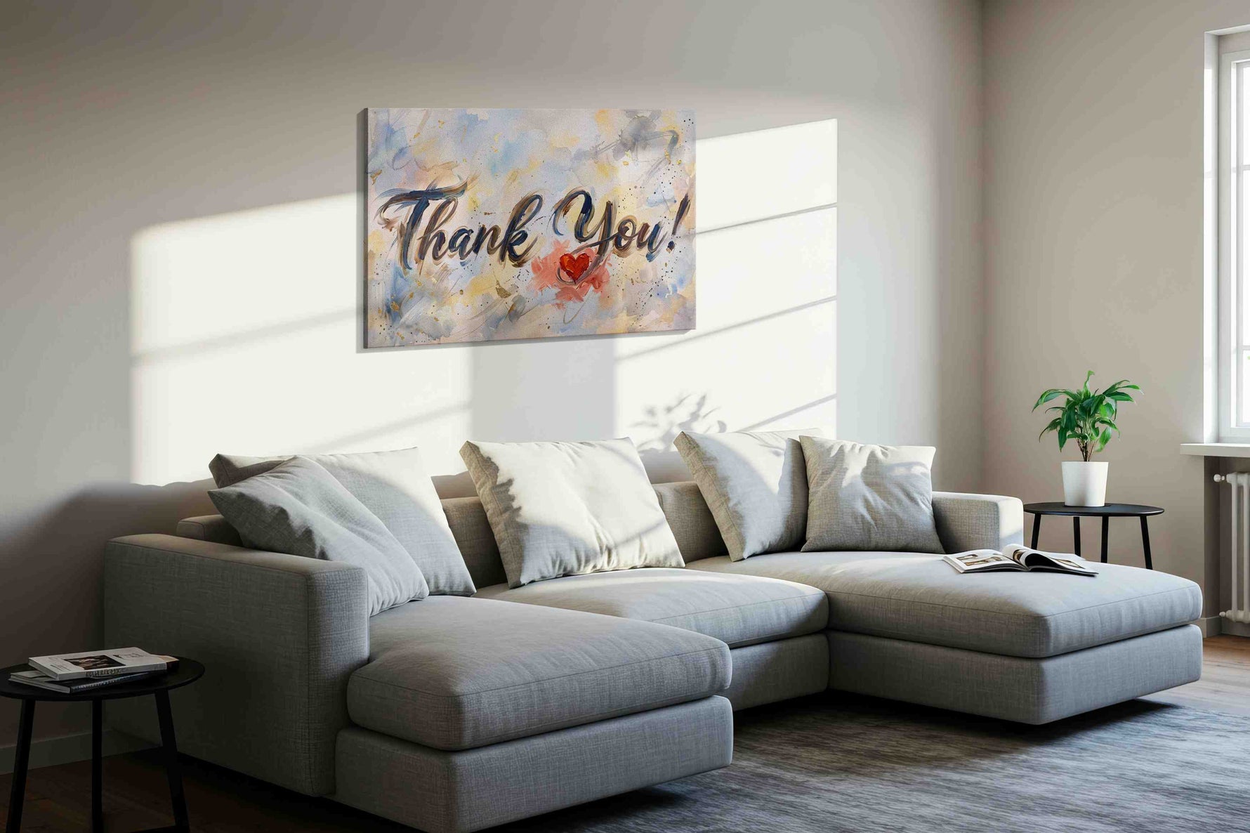 Grateful Heart Symphony typography canvas print in a living room scene