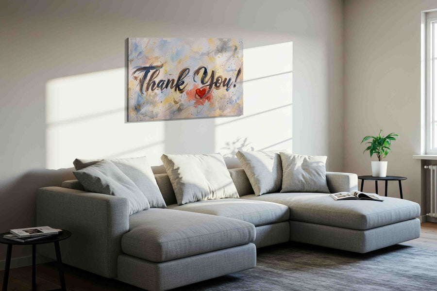 Grateful Heart Symphony typography canvas print in a living room scene
