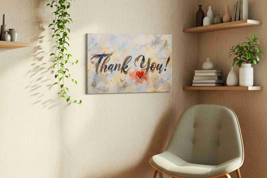 Grateful Heart Symphony typography canvas print, displayed in a living room