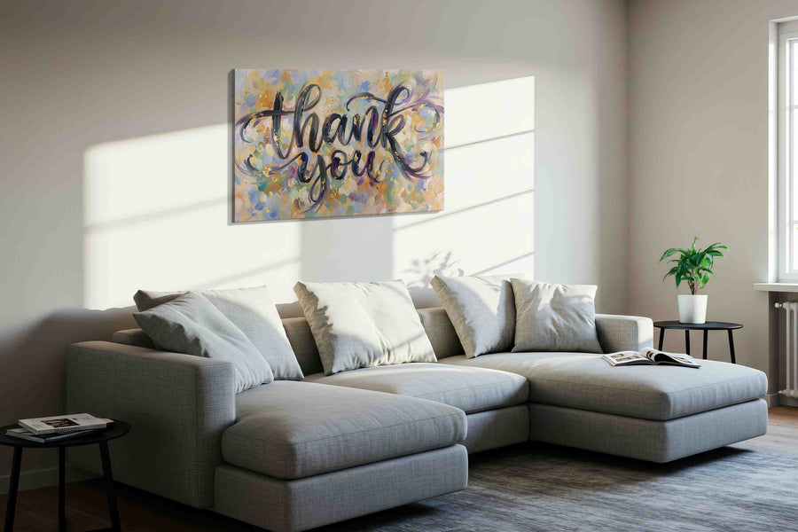 Gratitude in Brushstrokes typography canvas print, displayed in a living room