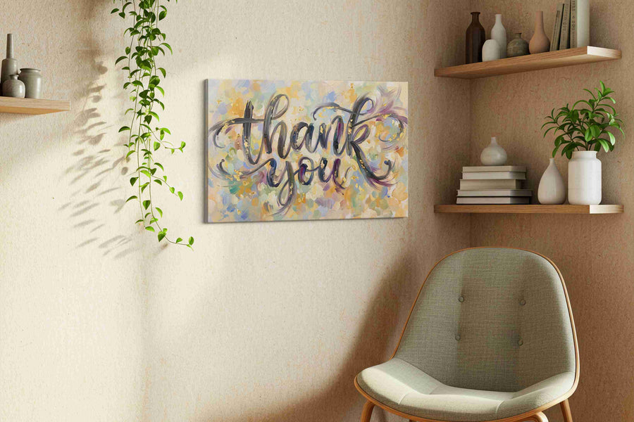 Gratitude in Brushstrokes typography canvas print styled in a living room