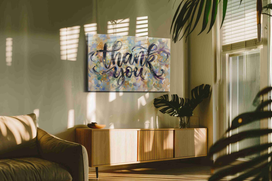 Gratitude in Brushstrokes typography canvas print, on wall, lifestyle preview