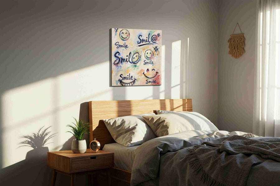 Joyful Expressions Unveiled typography canvas print, displayed in a bedroom