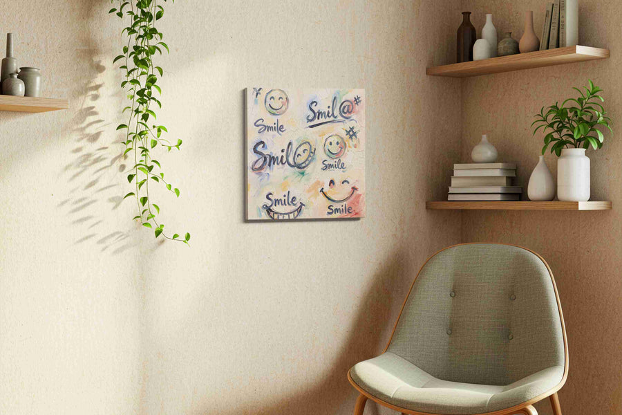 Joyful Expressions Unveiled typography canvas print, hanging on wall