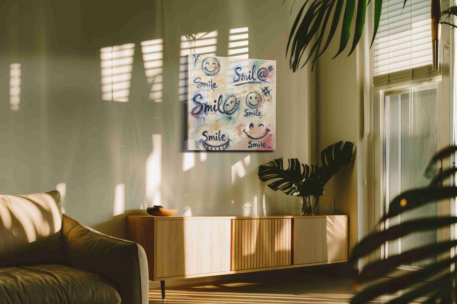 Joyful Expressions Unveiled typography canvas print in a hung canvas mockup