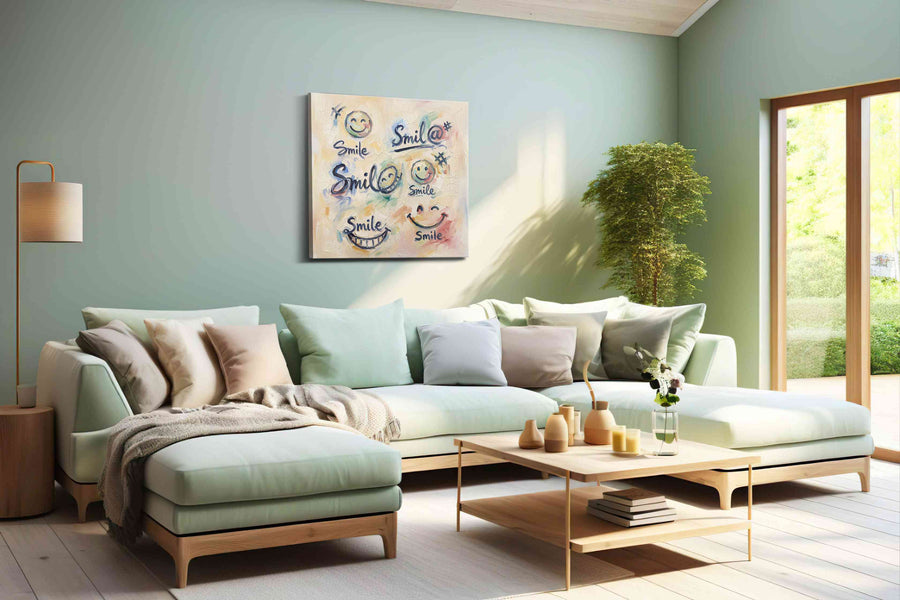 Joyful Expressions Unveiled typography canvas print shown in a wall scene