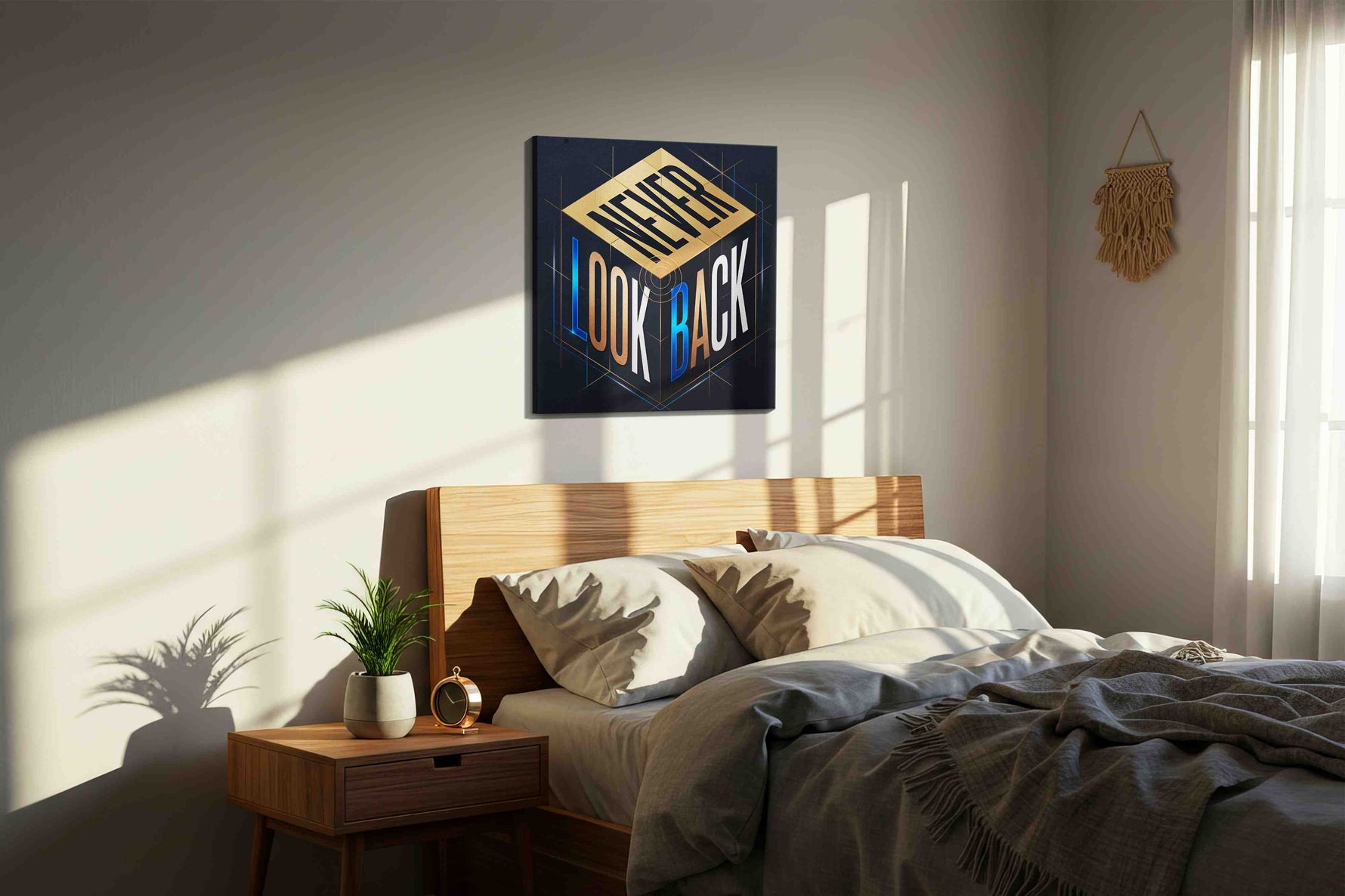 Momentum Cube motivational canvas print, displayed in a bedroom