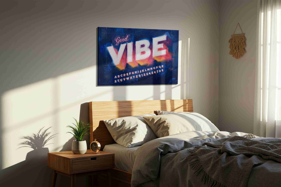 Neon Echoes of Positivity typography canvas print, displayed in a bedroom
