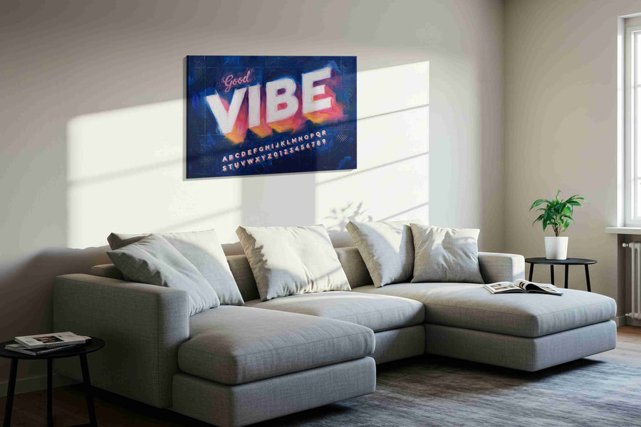 Neon Echoes of Positivity typography canvas print, displayed in a living room