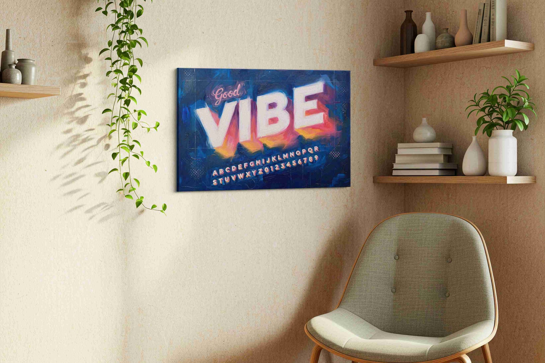 Neon Echoes of Positivity typography canvas print styled in a living room