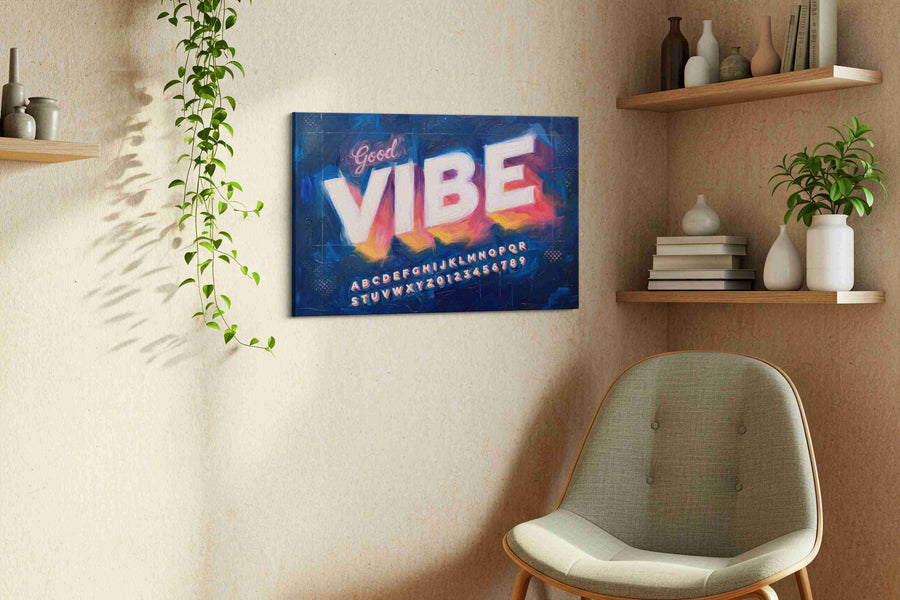 Neon Echoes of Positivity typography canvas print styled in a living room