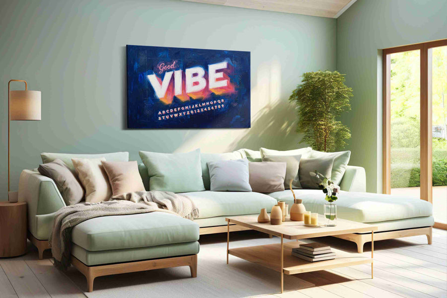 Neon Echoes of Positivity typography canvas print, hanging on wall