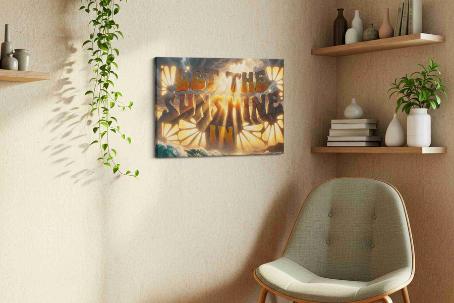 Radiant Storm Serenity motivational canvas print styled in a living room
