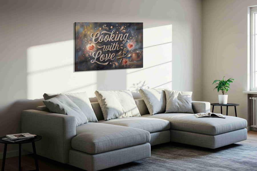 Soulful Culinary Whispers typography canvas print, displayed in a living room