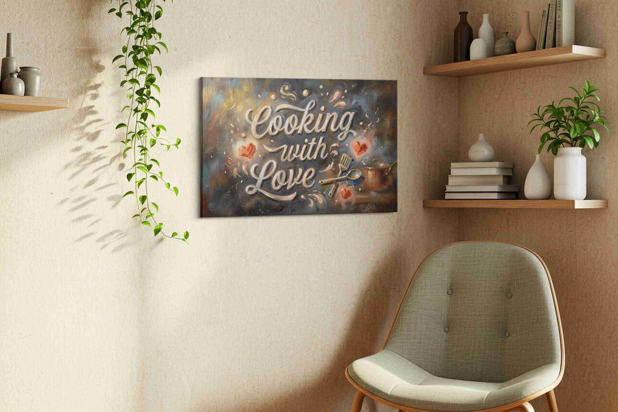 Soulful Culinary Whispers typography canvas print styled in a living room