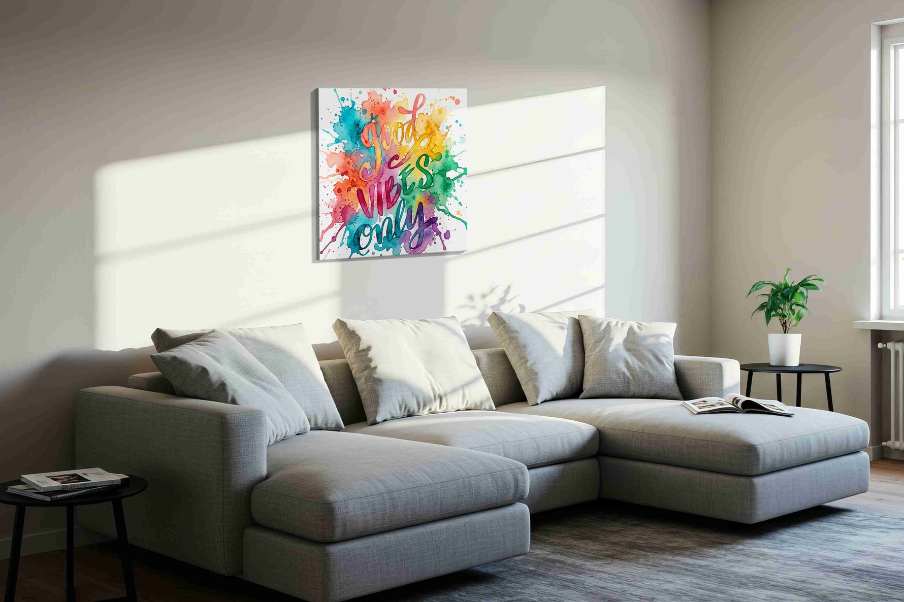 Splash of Positivity motivational canvas print, displayed in a living room