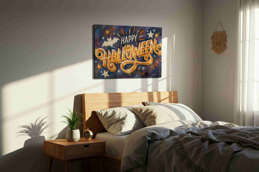 Spooky Festive Whimsy typography canvas print, displayed in a bedroom