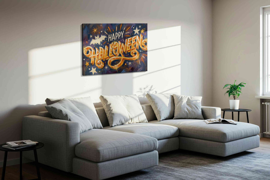 Spooky Festive Whimsy typography canvas print in a living room scene