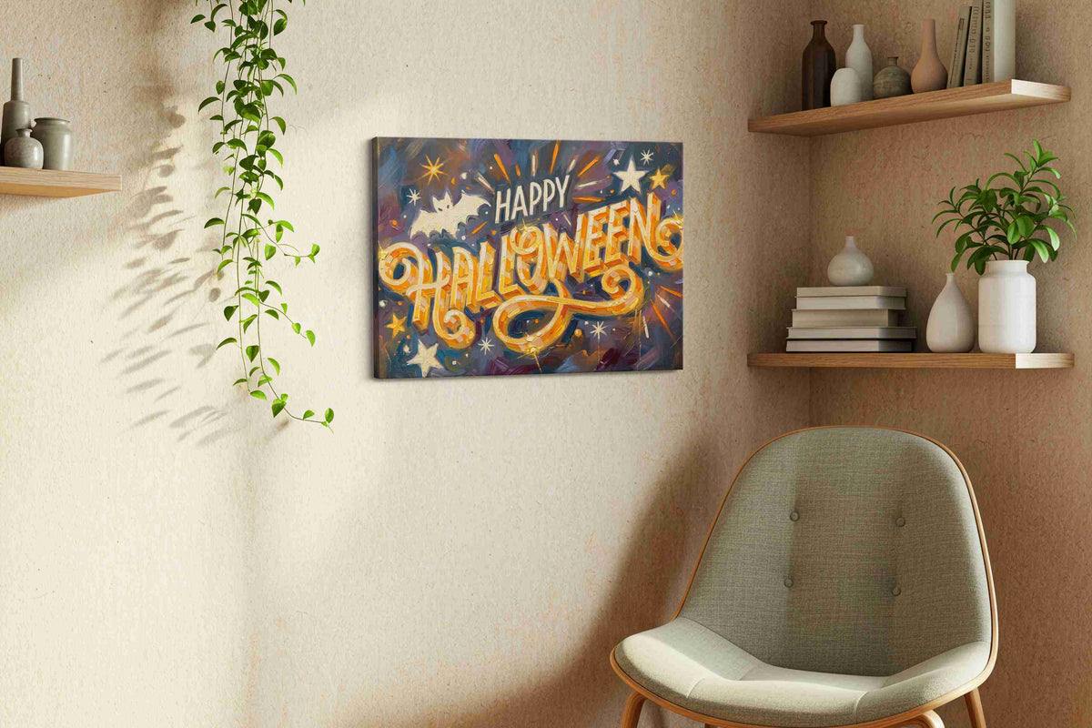 Spooky Festive Whimsy typography canvas print, displayed in a living room