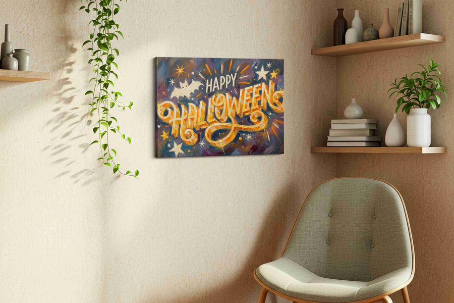 Spooky Festive Whimsy typography canvas print, displayed in a living room