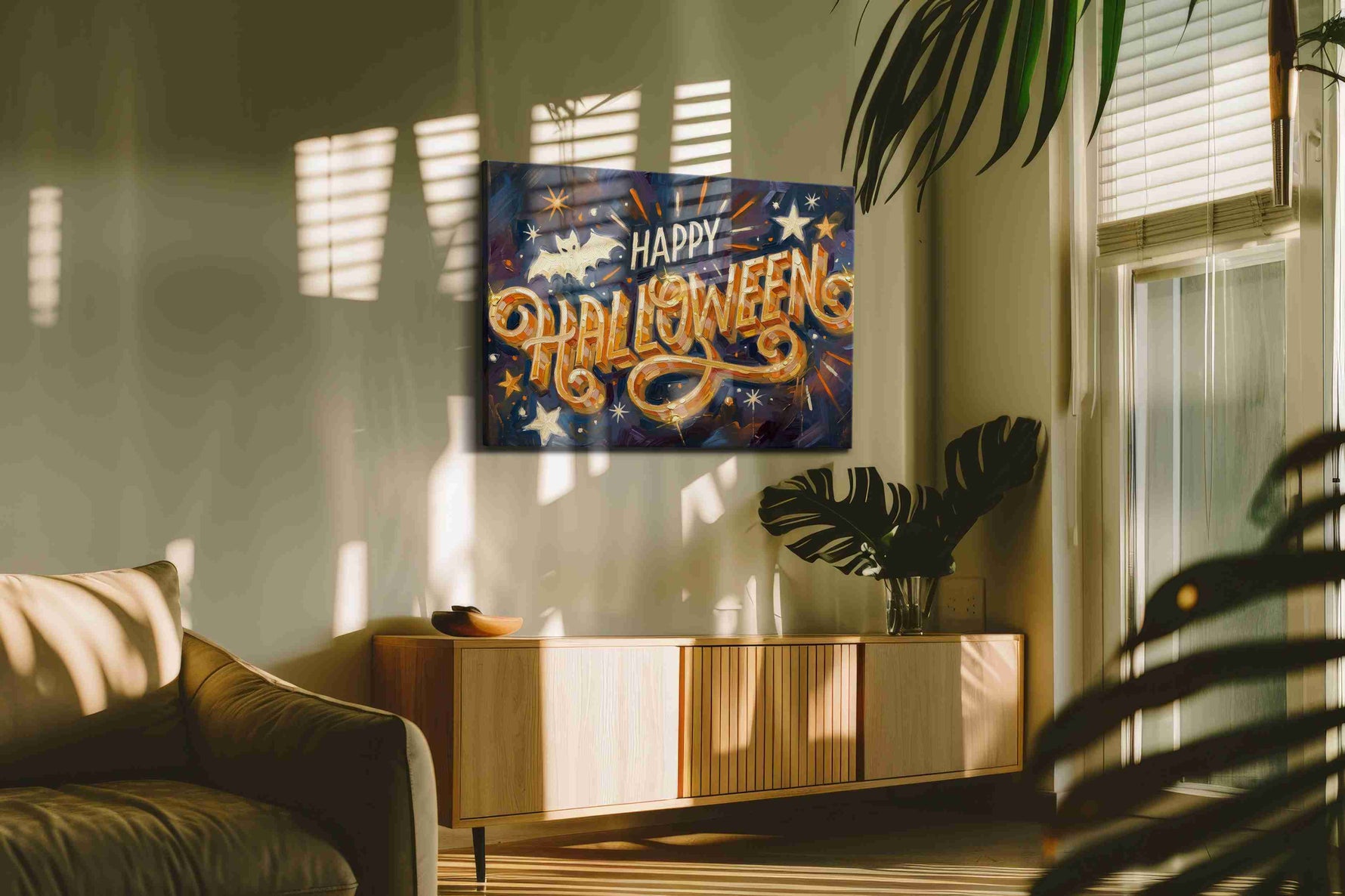 Spooky Festive Whimsy typography canvas print, on wall, lifestyle preview