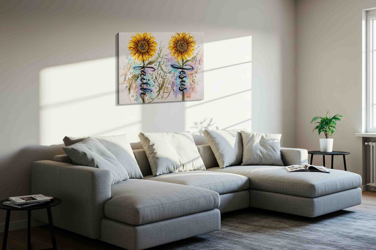 Sunlit Serenity Script floral canvas print, displayed in a living room